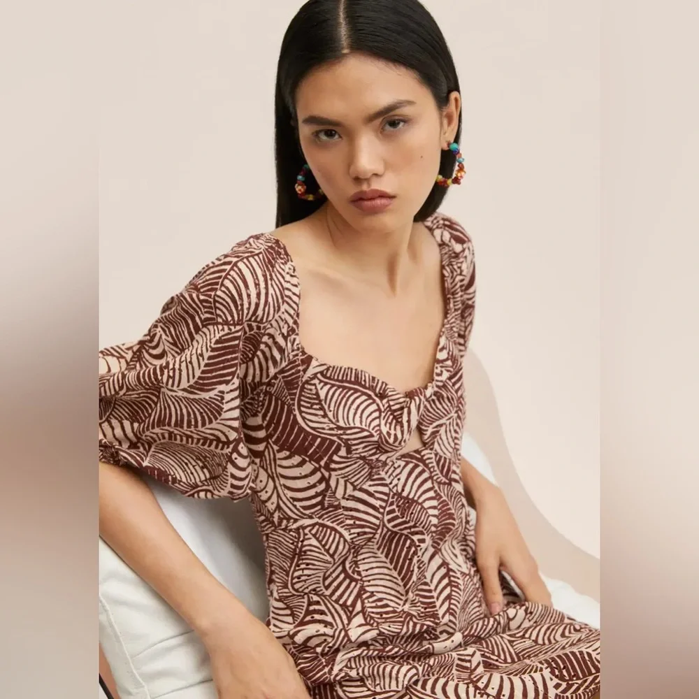Mango Leaf-Print Mini Dress in Burgundy and Cream - Picture 2 of 11